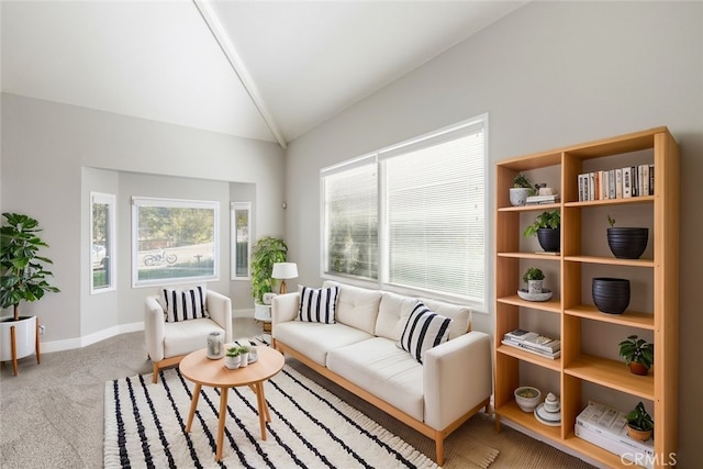 sitting room featuring lofted ceiling, baseboards, carpet flooring, and a healthy amount of sunlight