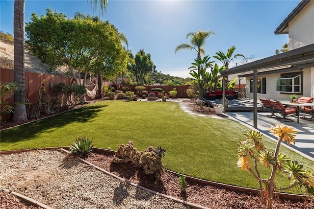 view of yard featuring a patio and a fenced backyard