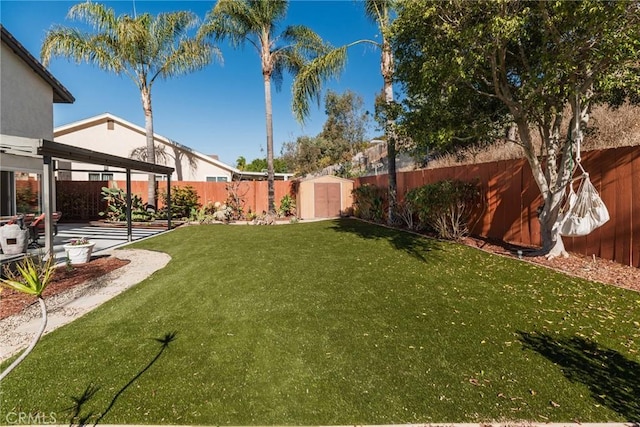 view of yard with a fenced backyard, a storage unit, a patio, and an outbuilding