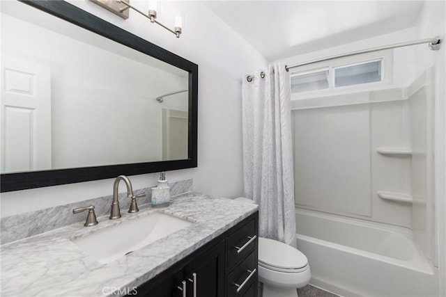 bathroom featuring shower / bath combination with curtain, vanity, and toilet