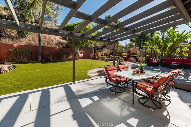 view of patio / terrace with outdoor dining area, outdoor lounge area, a fenced backyard, and a pergola