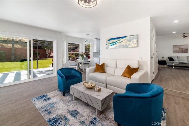 living area with wood finished floors and recessed lighting