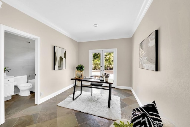 home office featuring ornamental molding, french doors, and baseboards