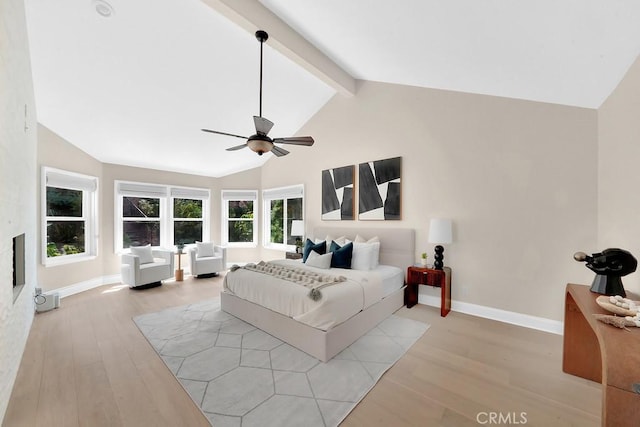 bedroom featuring light wood-style floors, beamed ceiling, high vaulted ceiling, and baseboards