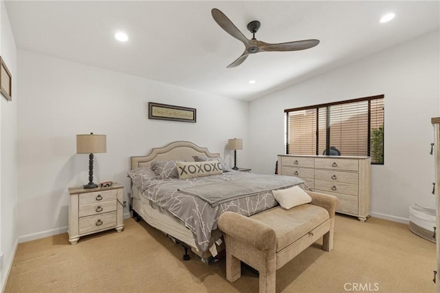 bedroom featuring recessed lighting, light colored carpet, vaulted ceiling, and baseboards