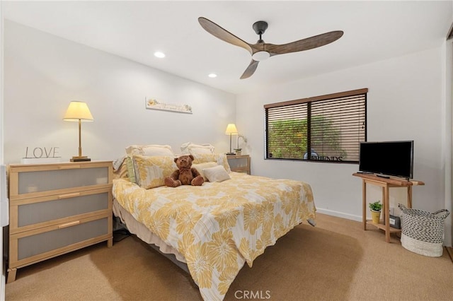 bedroom with a ceiling fan, baseboards, carpet flooring, and recessed lighting