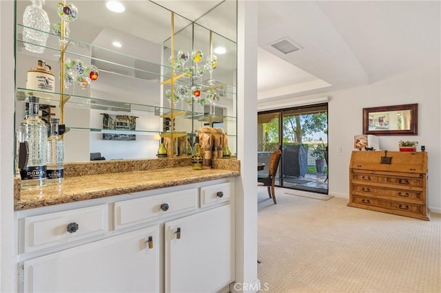 bar featuring a dry bar, a raised ceiling, visible vents, light carpet, and baseboards