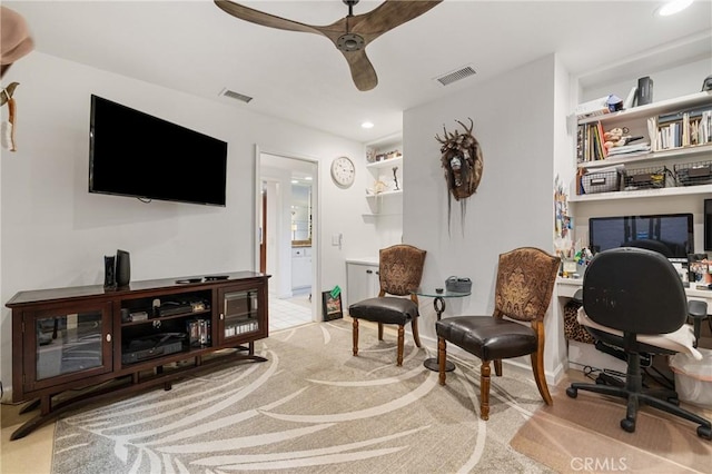 sitting room featuring light colored carpet, visible vents, ceiling fan, and recessed lighting