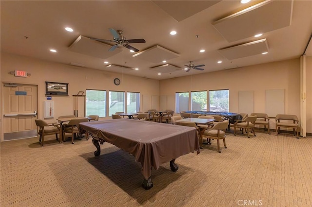 game room with recessed lighting, a healthy amount of sunlight, light colored carpet, and billiards