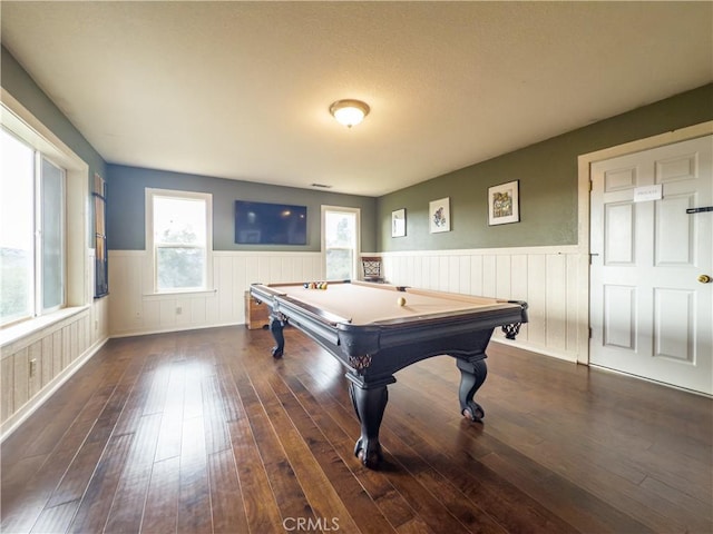 playroom with billiards, dark wood-type flooring, and wainscoting