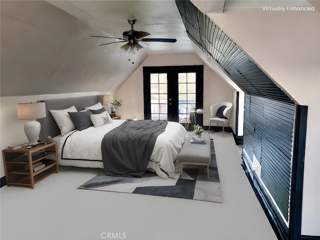 bedroom with lofted ceiling and ceiling fan