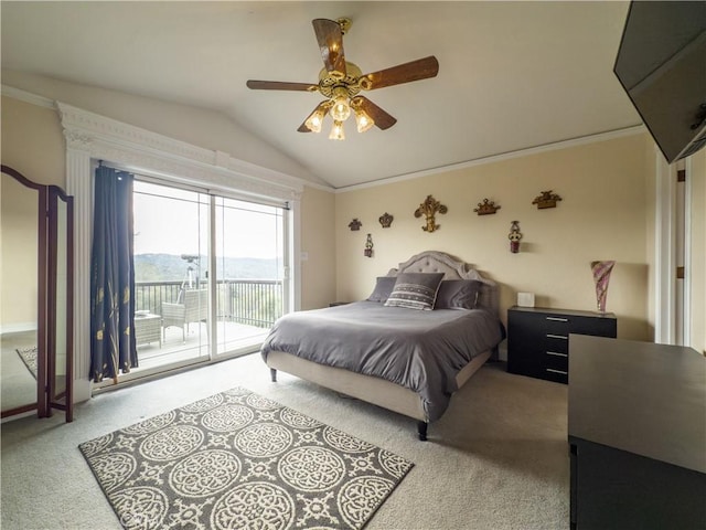 bedroom with access to exterior, lofted ceiling, ornamental molding, a ceiling fan, and carpet flooring