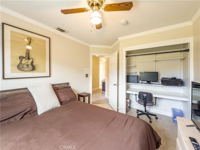 bedroom with a ceiling fan, tile patterned flooring, visible vents, and crown molding