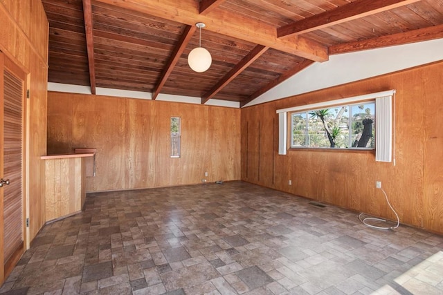 spare room with lofted ceiling with beams, wood ceiling, and wooden walls