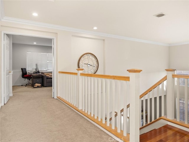 30514 Sorrento Pl, Castaic, CA 91384 - hall featuring an upstairs landing, a desk, crown molding, and recessed lighting