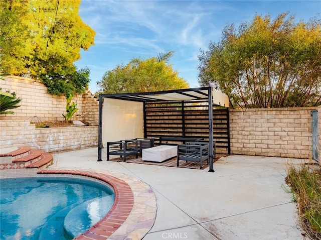 view of pool with a fenced in pool, a fenced backyard, and a patio