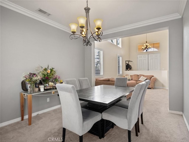 30514 Sorrento Pl, Castaic, CA 91384 - dining space with a chandelier, ornamental molding, and light colored carpet