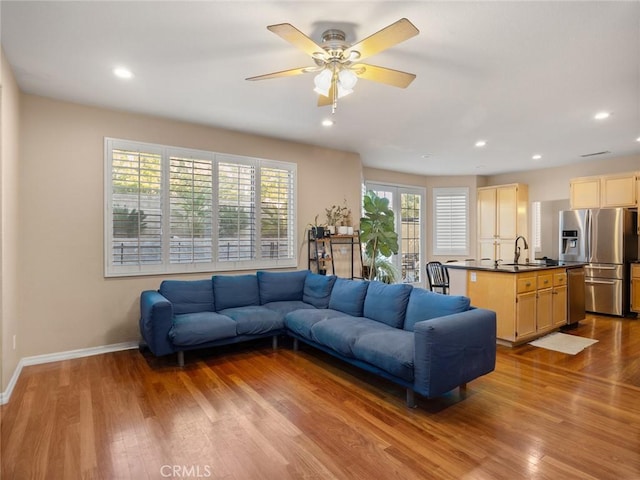 30514 Sorrento Pl, Castaic, CA 91384 - living area featuring dark wood-style flooring, recessed lighting, and a ceiling fan