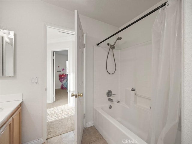30514 Sorrento Pl, Castaic, CA 91384 - bathroom with vanity, shower / bathtub combination with curtain, and tile patterned floors