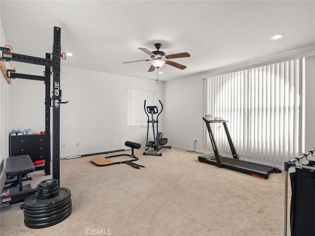30514 Sorrento Pl, Castaic, CA 91384 - workout area featuring a ceiling fan, carpet, and recessed lighting