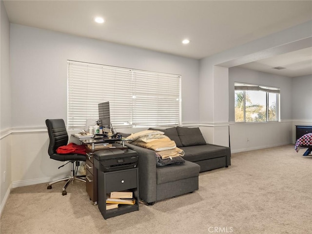 office area featuring recessed lighting, carpet flooring, and baseboards