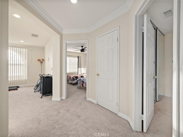 30514 Sorrento Pl, Castaic, CA 91384 - corridor featuring carpet flooring, crown molding, and recessed lighting