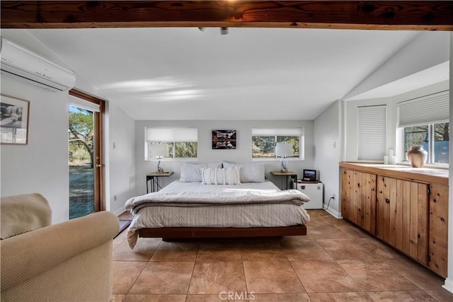 bedroom with access to outside, multiple windows, lofted ceiling with beams, and a wall mounted AC