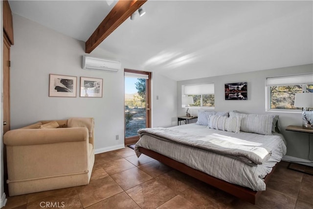 bedroom with an AC wall unit, access to outside, multiple windows, and baseboards