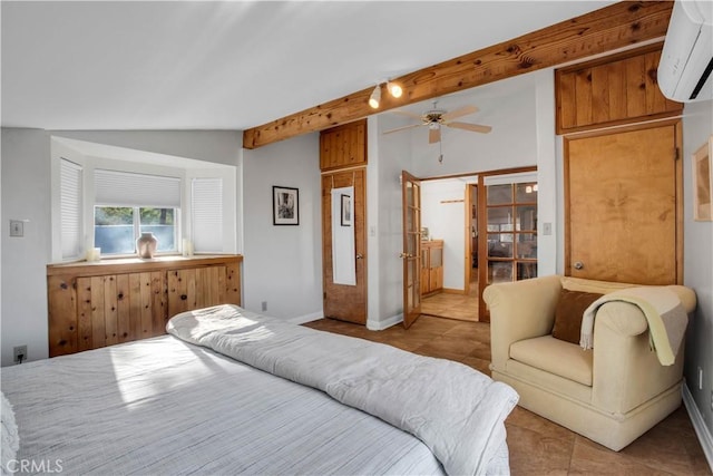 bedroom with baseboards, a wall unit AC, ceiling fan, vaulted ceiling with beams, and tile patterned flooring