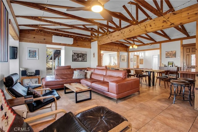 living area with light tile patterned floors, high vaulted ceiling, beam ceiling, and a wall mounted AC