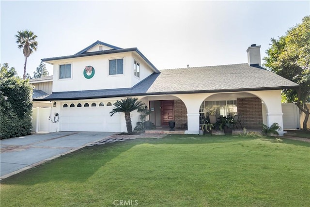 view of front of property with an attached garage, a front lawn, concrete driveway, and brick siding