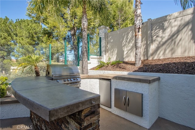 view of patio / terrace with area for grilling, fence, and a grill