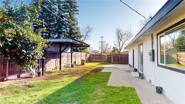 view of yard with a fenced backyard and a patio