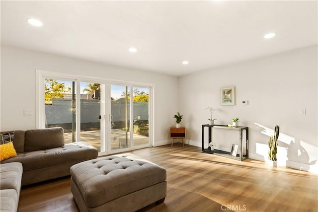 living room featuring baseboards, wood finished floors, and recessed lighting