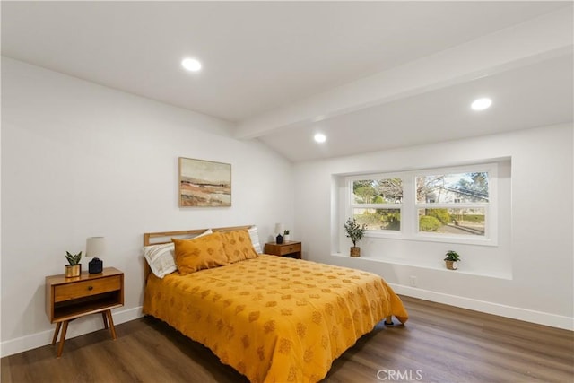 bedroom featuring dark wood-style floors, recessed lighting, vaulted ceiling with beams, and baseboards