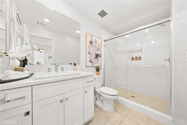 full bathroom with toilet, a shower stall, visible vents, and tile patterned floors