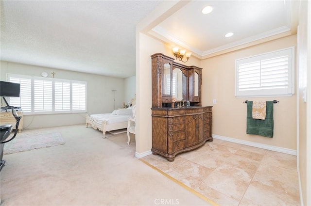 bedroom featuring recessed lighting, crown molding, and baseboards