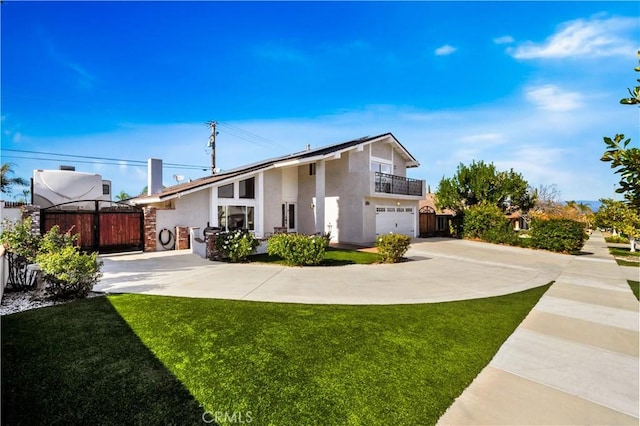 view of home's exterior with a balcony, a garage, concrete driveway, a lawn, and stucco siding