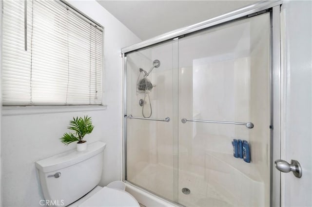 full bathroom featuring a shower stall and toilet