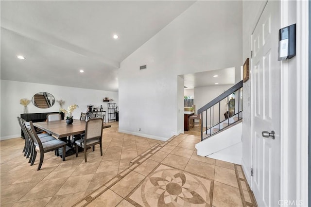 dining room featuring recessed lighting, visible vents, baseboards, and stairs