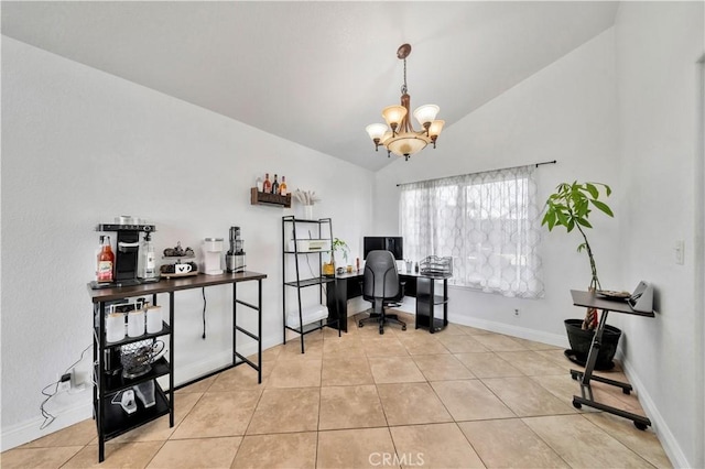 home office with lofted ceiling, baseboards, an inviting chandelier, and tile patterned floors