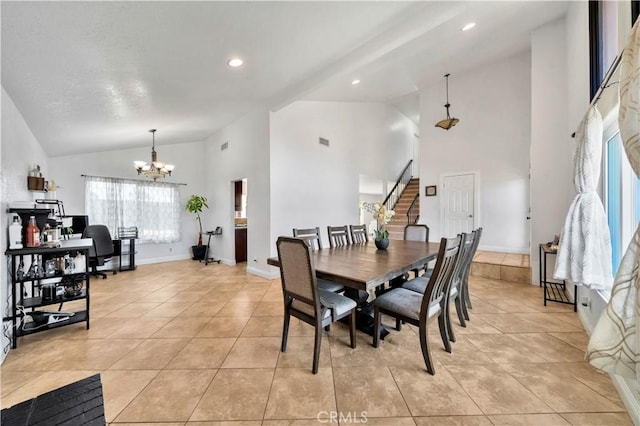 dining space featuring baseboards, an inviting chandelier, stairs, light tile patterned flooring, and recessed lighting