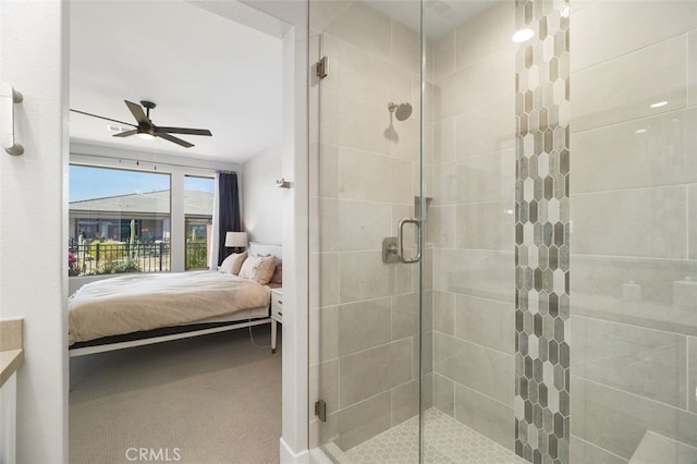 ensuite bathroom with a ceiling fan, a shower stall, and ensuite bath