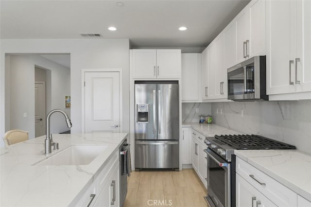 kitchen with visible vents, backsplash, appliances with stainless steel finishes, white cabinets, and a sink