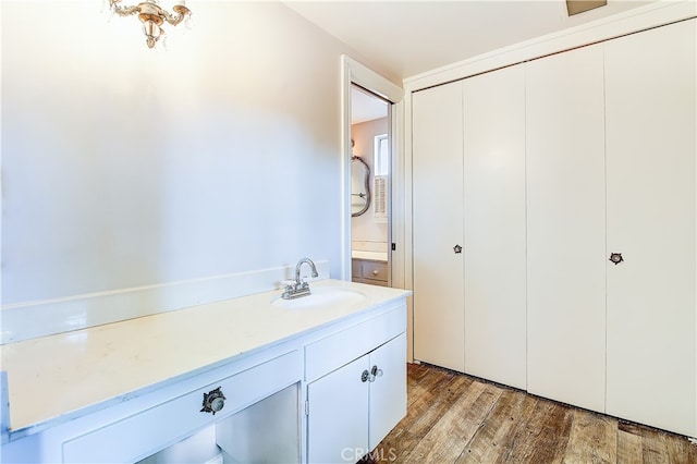 bathroom with wood finished floors and vanity