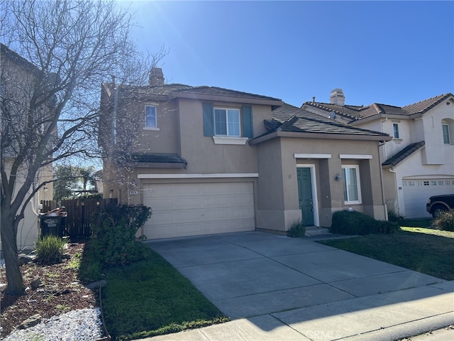 9074 Piazza Ct, Elk Grove, CA 95624 - traditional-style house featuring a chimney, fence, concrete driveway, and stucco siding