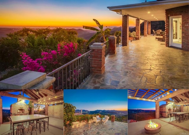 exterior space featuring a mountain view, outdoor dining area, and a pergola