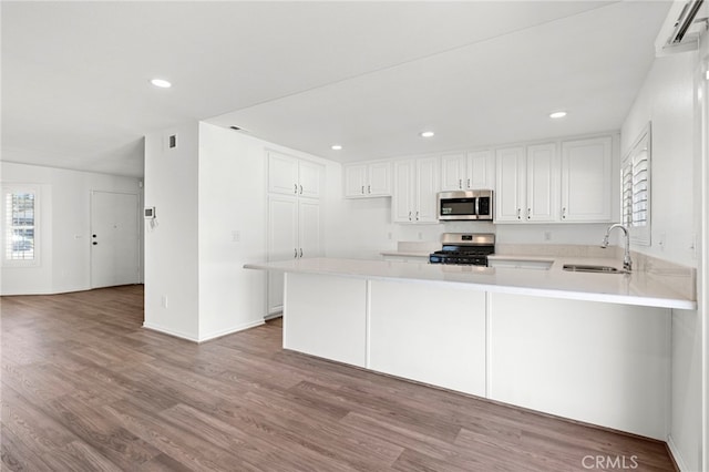 kitchen featuring appliances with stainless steel finishes, wood finished floors, a peninsula, light countertops, and a sink