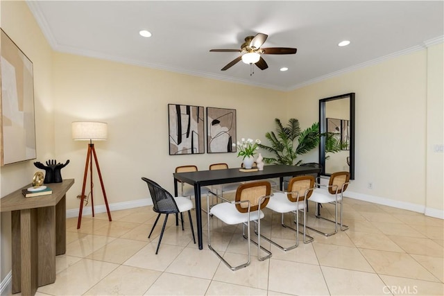 dining area featuring ceiling fan, light tile patterned floors, recessed lighting, baseboards, and crown molding