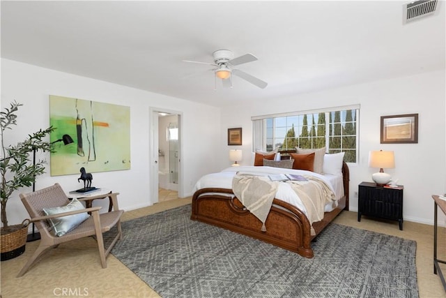 bedroom with ceiling fan, light colored carpet, visible vents, and baseboards